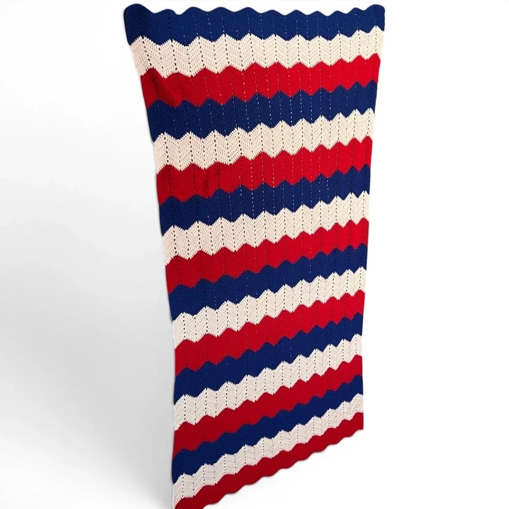VTG Handmade Crochet Ripple Throw Blanket Chevron Afghan Patriotic Americana